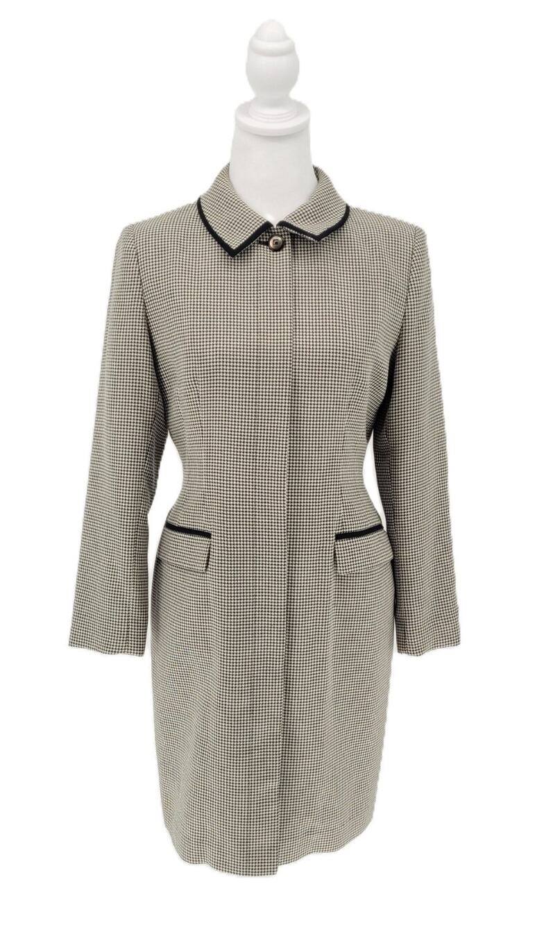 VTG Kasper Houndstooth 6P Coat Blazer Dress Black Trim 90s Power Suit Longline